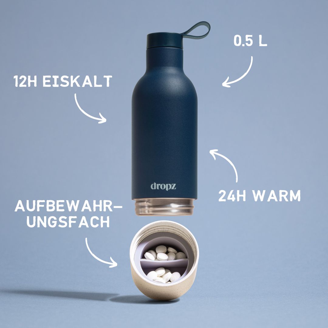 dropz Flasche blau - 0.5 L mit Aufbewahrungsfach