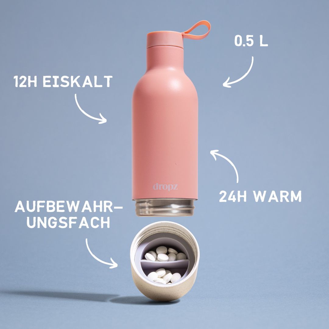 dropz Flasche rosa - 0.5 L mit Aufbewahrungsfach